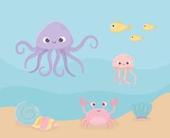 crab snail jellyfish octopus fishes sand life cartoon under the sea vector