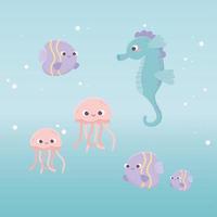 seahorse jellyfishes fishes bubbles water life cartoon under the sea vector