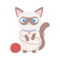 lindo gato siamés con bola de lana, mascotas vector