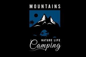 montaña naturaleza vida camping color azul y blanco vector