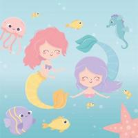 sirenas medusas pulpo estrellas de mar peces camarones dibujos animados bajo el mar vector