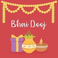 happy bhai dooj, gift food light flowers decoration, indian family celebration vector