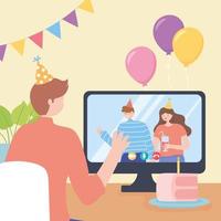 online party, man celebrating with friends connected by computer vector