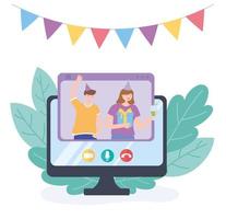 online party, couple with gift and drink celebrating in video call vector