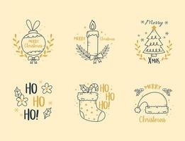 merry christmas set labels decoration with candle tree sock and ball vector