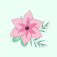 Tropical pink flower with large petals and leaves, isolated on a white background. Icon of an exotic plant. Vector illustration in a trendy cartoon style with a narrow border