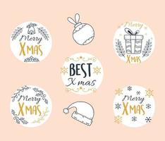 merry christmas, round labels lettering santa hat ball gift decoration vector