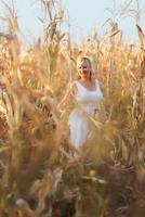 mujer con un vestido largo de verano blanco camina sobre un campo de maíz y posando al atardecer.