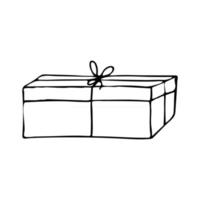 Outline handdrawn gift box isolated on white background. Vector sketch illustration for festive design. Black and white gift icon
