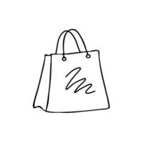 Shopping bag isolated on the background. Black and white vector illustration in handrawn outline style. Doodle shopping bag icon