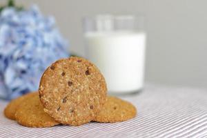Oat cookies with glass of milk for breakfast on table cloth and blue flower on background, rustic healthy food photo