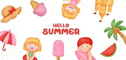 Summer banner with summer elements in watercolor style vector