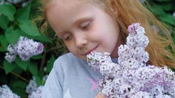 une petite fille à l'extérieur dans un parc ou un jardin détient des fleurs lilas buissons lilas en arrière-plan parc d'été