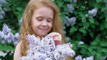 uma menina ao ar livre em um parque ou jardim segurando flores lilás arbustos lilases no parque de verão