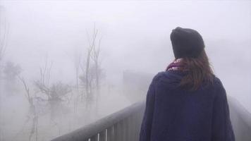 A young woman wearing a beanie hat, sweater and scarf hiking on a trail path in the fog. video