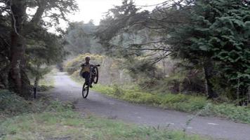 en man mountainbike och gör ett hjul-trick i en skog.
