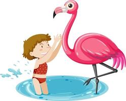 A girl playing with flamingo isolated vector