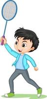 Cute boy playing badminton cartoon character isolated vector