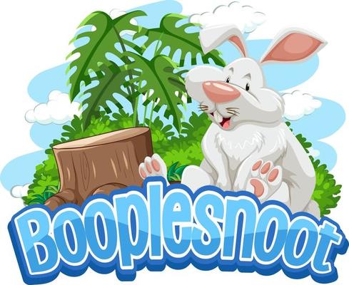 White rabbit cartoon character with Booplesnoot font banner isolated