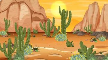 Desert forest landscape at sunset time scene with many cactuses vector