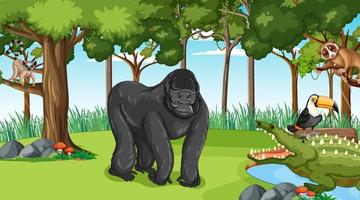 Gorilla with other wild animals in the forest or rainforest scene vector