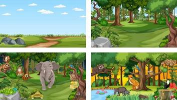 Conjunto de escena horizontal de bosque diferente con varios animales salvajes vector