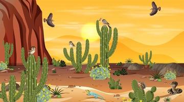 Desert forest landscape at sunset scene with desert animals and plants vector