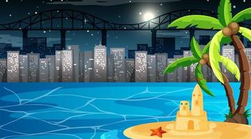 Tropical beach landscape at night scene with cityscape background vector