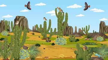 paisaje de bosque desértico en la escena diurna con animales y plantas del desierto vector