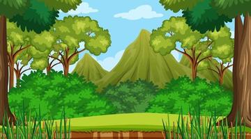 Forest scene with various forest trees and mountain background vector