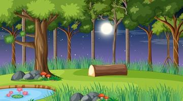 Forest landscape scene at night with many different trees vector