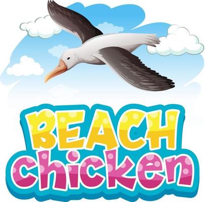 Seagull bird cartoon character with Beach Chicken font banner isolated
