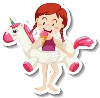 A sticker template of a girl with unicorn swimming ring vector
