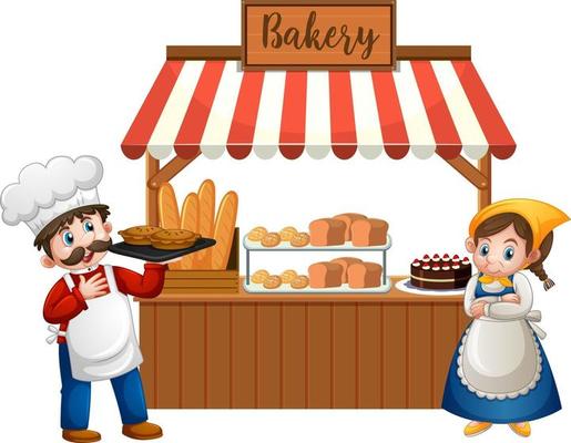 Front of bakery shop with baker isolated on white background