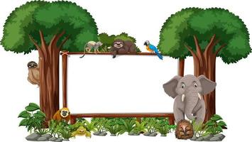 Banner vacío con animales salvajes y árboles de la selva sobre fondo blanco. vector