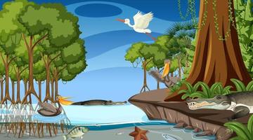 Animals live in mangrove forest at night scene vector