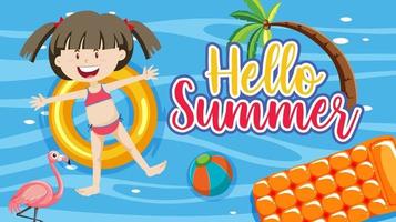 Hello Summer banner with a girl laying on swimming ring in the pool vector