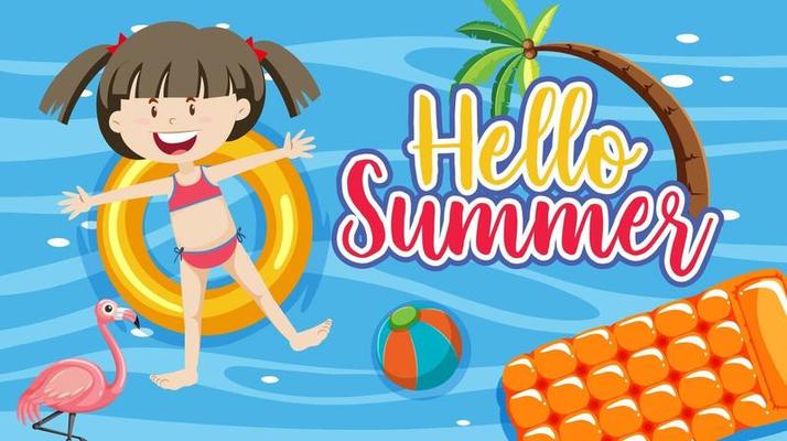 Hello Summer banner with a girl laying on swimming ring in the pool