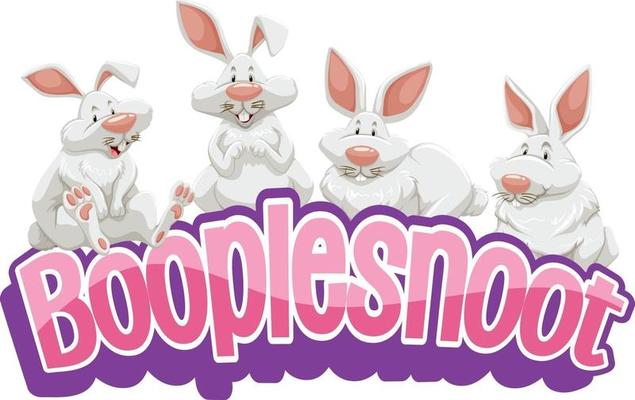 Many white rabbits cartoon character with Booplesnoot font banner isolated
