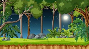 Forest landscape scene at night with many different trees vector