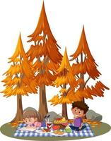 niños haciendo picnic en el parque con muchos árboles en otoño vector