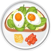 Top view of breakfast dish with bread and boiled egg topppings vector