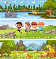 Different nature landscape at daytime scene with cartoon character vector