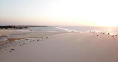 vista aérea do drone de um grupo de pessoas se aglomeram em uma duna de areia na praia.