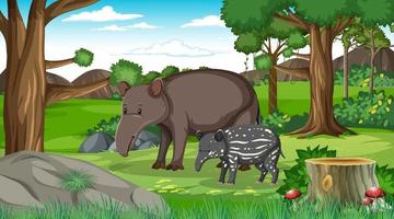 An adult aardvark and baby in forest scene with many trees vector