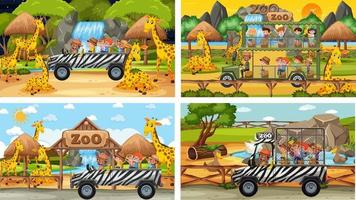 Conjunto de diferentes animales en escenas de safari con niños. vector