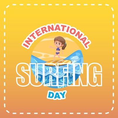 International Surfing Day banner with a girl surfer cartoon character