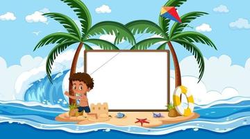 Plantilla de banner vacío con niños de vacaciones en la escena diurna de la playa vector