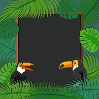 Empty banner with tropical leaves frame and toucan cartoon character vector