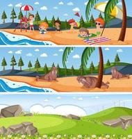 escena de paisaje de naturaleza diferente con personaje de dibujos animados vector